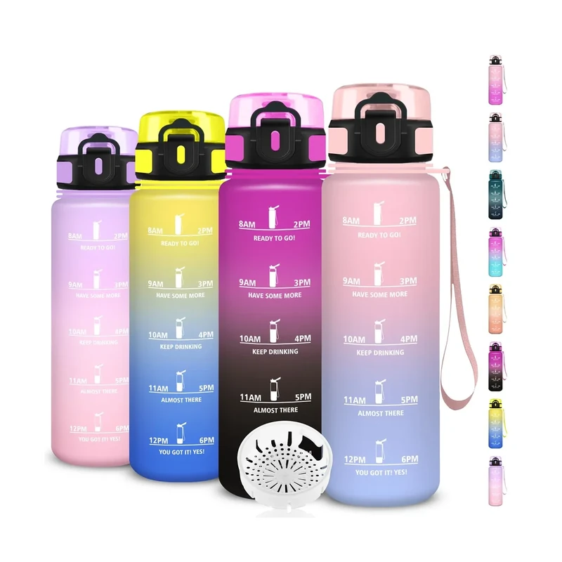 Trinkflasche 1l, Wasserflasche Sport, Trinkflasche Kohlensäure Geeignet, Wasserflasche Auslaufsicher, mit Zeitmarkierung und Filter, Leicht zu Reinigen, für Schule, Büro, Outdoor, Camping, Running