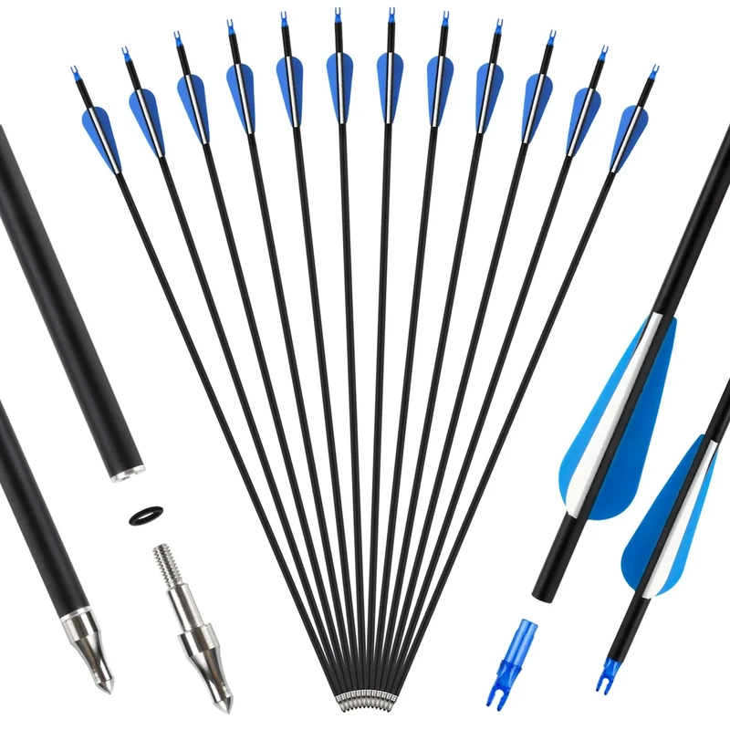 SERfawnCH 12er Carbonpfeile 30 Zoll für Recurvebögen, Compoundbögen & Langbögen Bogenpfeile Training & Übung mit Carbon-Schaft & abnehmbaren Spitzen