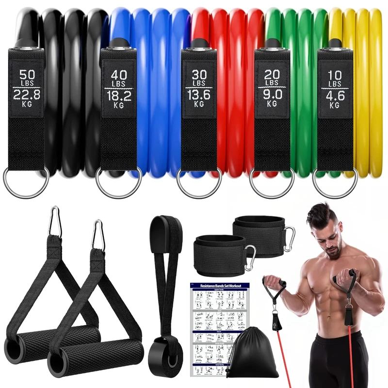 Fokky Fitnessbänder Resistance Bands Set, 5 Widerstandsbänder Expander Tube Bands, Fitnessband mit Türanker, Griffe, Knöchelriemen, Ideal für Pilates, Muskelaufbau, Krafttraining
