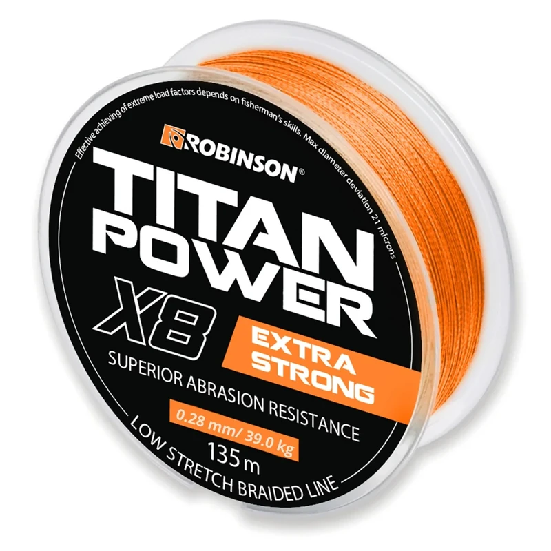 Robinson Geflochtene Angelschnur X8 - Angelschnur geflochten, 0,28mm - Tragkraft bis 39kg, 135m, ideal zum Spinnfischen - Titan Power ORANGE