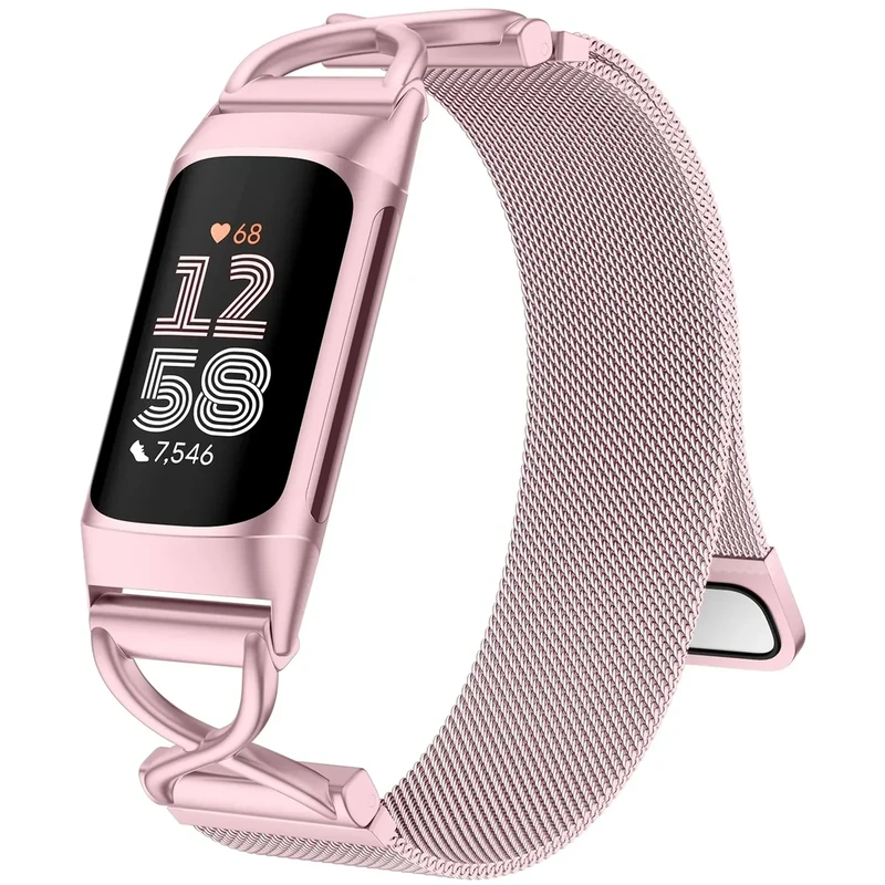 Charlam Metall Band Kompatibel mit Fitbit Charge 6 Armband, Charge 5 Armbänder für Damen, Magnetverschluss Verstellbares Edelstahl Loop Ersatzarmband für Fitbit Charge 6, Charge 5, Rosa