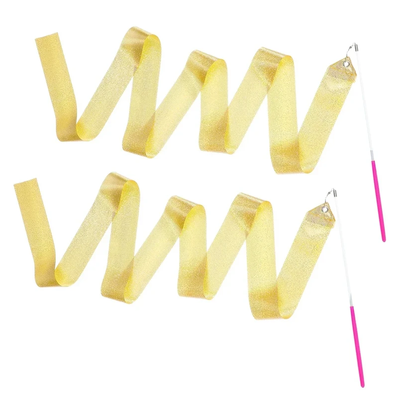 Abeillo 2 Stück Rhythmische Tanzband,2m Pudrige Lila Tanzbänder Kinder,Tanzband Gymnastikband mit Stab,Sportgymnastik Band Mädchen für Künstlerische,Tanzgymnastik(Gold)