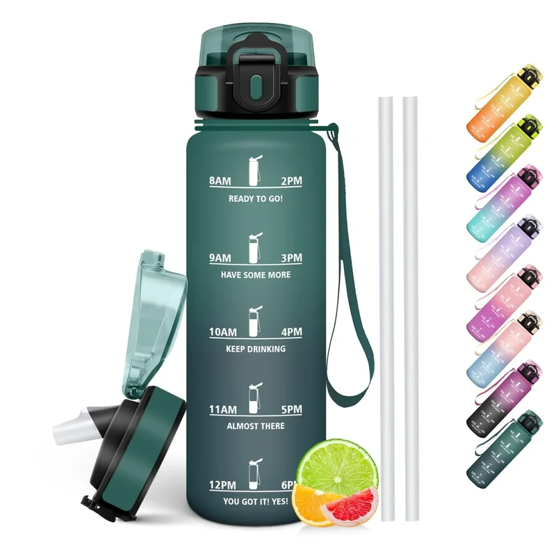HoneyHolly Trinkflasche 1L, BPA-Frei, Trinkflasche Kohlensäure Geeignet, Wasserflasche Auslaufsicher, Sportflasche mit Strohhalm, Wasserflasche Sport für Fahrrad, Fitness, Laufen, Wandern