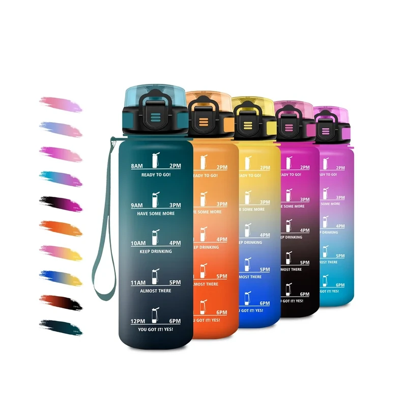 Sportflasche 1L, Motivierende Trinkflasche mit Zeitmarkierung, Wasserflasche Sport mit Filte, Kohlensäure Geeignet, Auslaufsichere Trinkflasche für Sprudel, Fahrrad, Laufen, Erwachsener, Sprudel