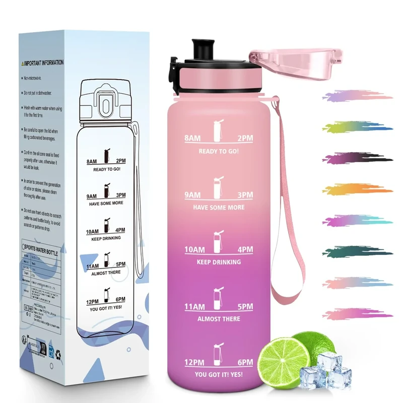 HoneyHolly Trinkflasche 1L, Zeitmarkierung, Wasserflasche, Auslaufsicher, Trinkflasche Sport, Wiederverwendbar, Water Bottle für Fitnessstudio, Radfahren, Büro, Outdoor, Wasserflasche Auslaufsicher