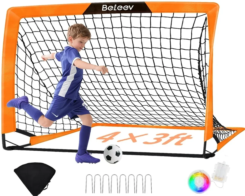 BELEEV 4x3 ft Fussballtore für Garten Kinder, Hochwertigen Portables Faltbar Fußballtor Kinder Set mit LED Lichtern, Glasfaserstangen, Transporttasche, für Indoor Outdoor Sport Training Geschenke
