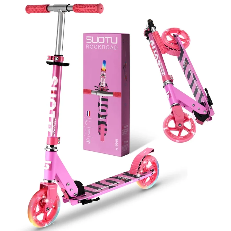 SUOTU Roller Kinder mit 145 mm Rollen, Scooter mit Leuchtrad für 3-12 Jahren, Zusammenklappbarer, Höhenverstellbarer, Cityroller for Boys and Girls, Aluminium (Rosenrot)