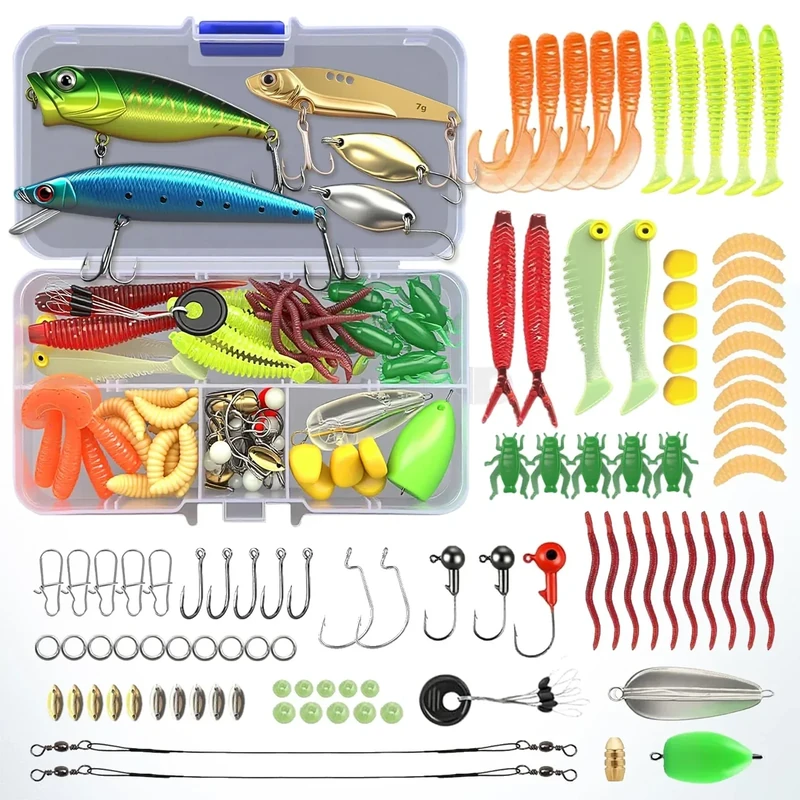 VEYCVLA Angeln Köder Set mit Köderbox für Zander,Forelle,Barsch,Wobbler Hecht,Angelzubehör - Gemischt Kunstköder,Gummifische,Spinner,VIB,Oberflächenköder,Popper,jigheads für Süß- & Salzwasser Fischen
