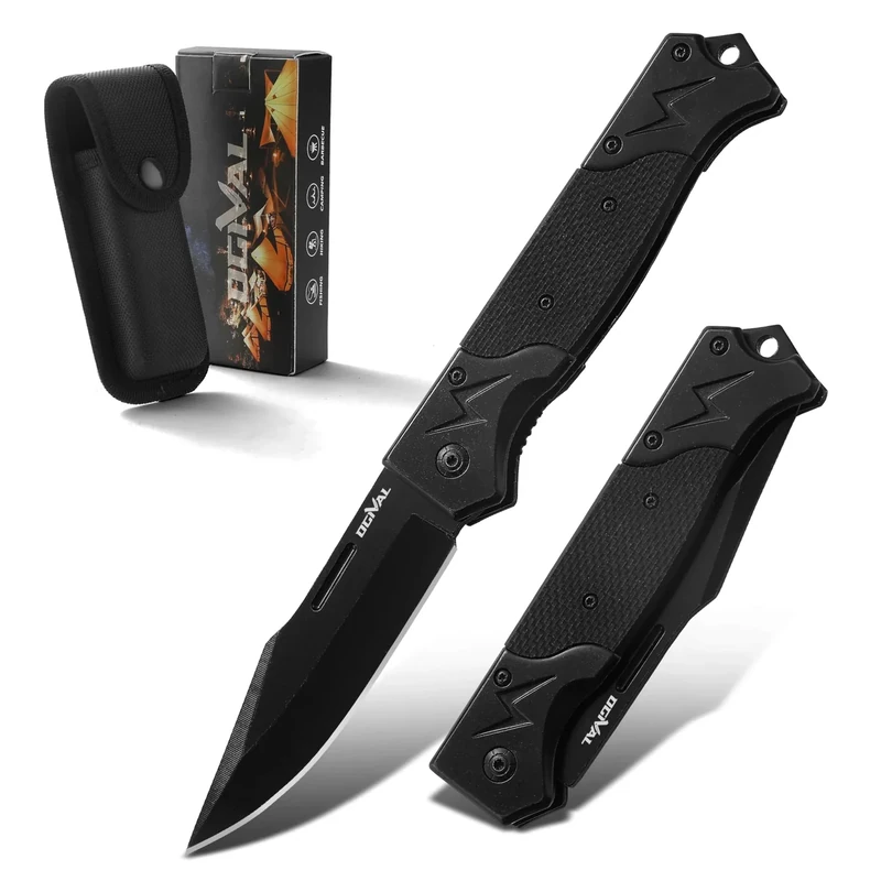 Ogival Klappmesser (Zweihandmesser),Taschenmesser mit Griff aus rostfreiem Stahl und Seil,Edc Messer mit Taschenclip,für Camping, Angeln,Wandern,