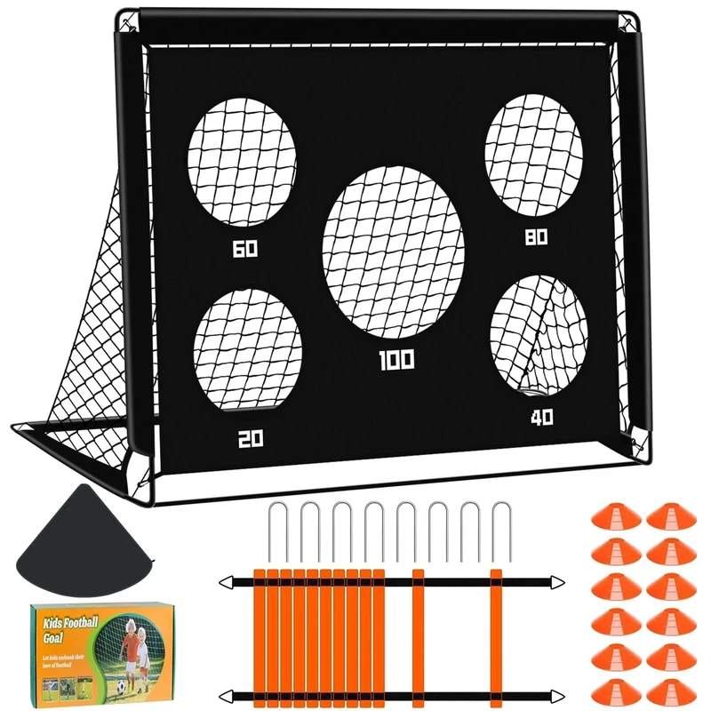 Gofady 2-in-1 Fußballtor für Kinder, 150 * 120cm, Tragbares & Stabiles Fussballtore mit 5 Zielbereichen, 4 Erdanker und 1 Tragetasche, Stabil für Garten, Park, Strand (Black, 120 * 90 * 90cm)