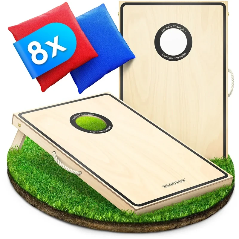 Briliantwerk® Cornhole Spiel Outdoor – Hochwertiges 11-teiliges Echtholz Wurfspiel | Sackloch Spiel für Erwachsene & Kinder | Bean Bag Game für Draußen (lackiert)