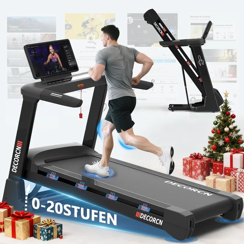 Decorcn Profi Laufband für Zuhause Klappbar, Laufbänder mit Steigung, Leiser Motor, Treadmill for Home mit Große Lauffläche, WiFi, Bluetooth, APP, Deutsche Qualitätsmarke, TÜV-geprüft