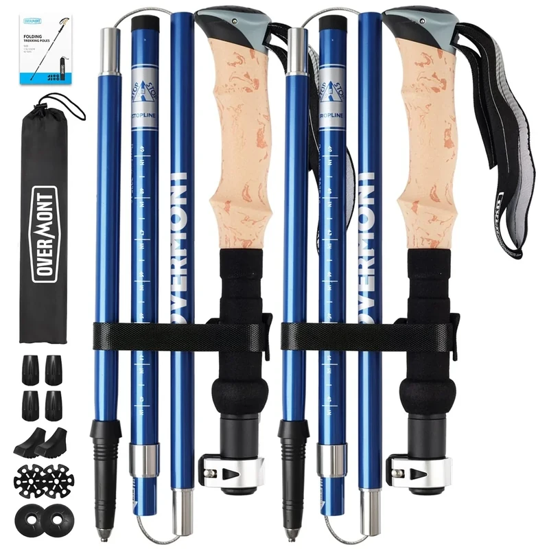 Overmont Wanderstöcke Faltbar Aluminium Ultraleicht - Verstellbar 105-125 cm Trekkingstöcke - Nordic Walking Stöcke 1 Paar mit All-Terrain Zubehör Blau