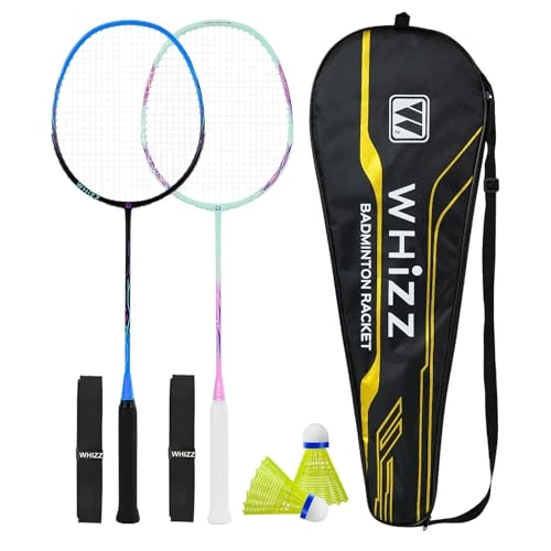 BAIHUALIN WHiZZ T80 Carbon Graphit Badminton Schläger, Leichter Badmintonschläger + Tragetasche + Griffband + Federball, Blau+Rosa
