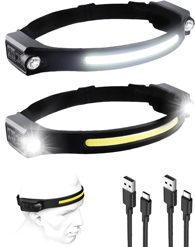 Stirnlampe LED Wiederaufladbar, Superhell 1200 Lumen Sensor Stirnlampe, 2 Spot Light 230° COB kopflampe mit 5 Lichtmodi, 12 Stunden Laufzeit, IPX4 Wasserdicht, Perfekt zum Joggen, Campen(2 Stück)