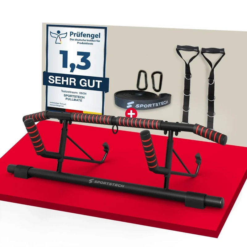 Sportstech Pullmate Klimmzugstange Türrahmen ohne Schrauben, Klimmzugstange verstellbar 58–92 cm, Pull Up Bar für Zuhause bis 200 kg, rutschfeste Griffe, inkl. Klimmzughilfe & Schlingentrainer