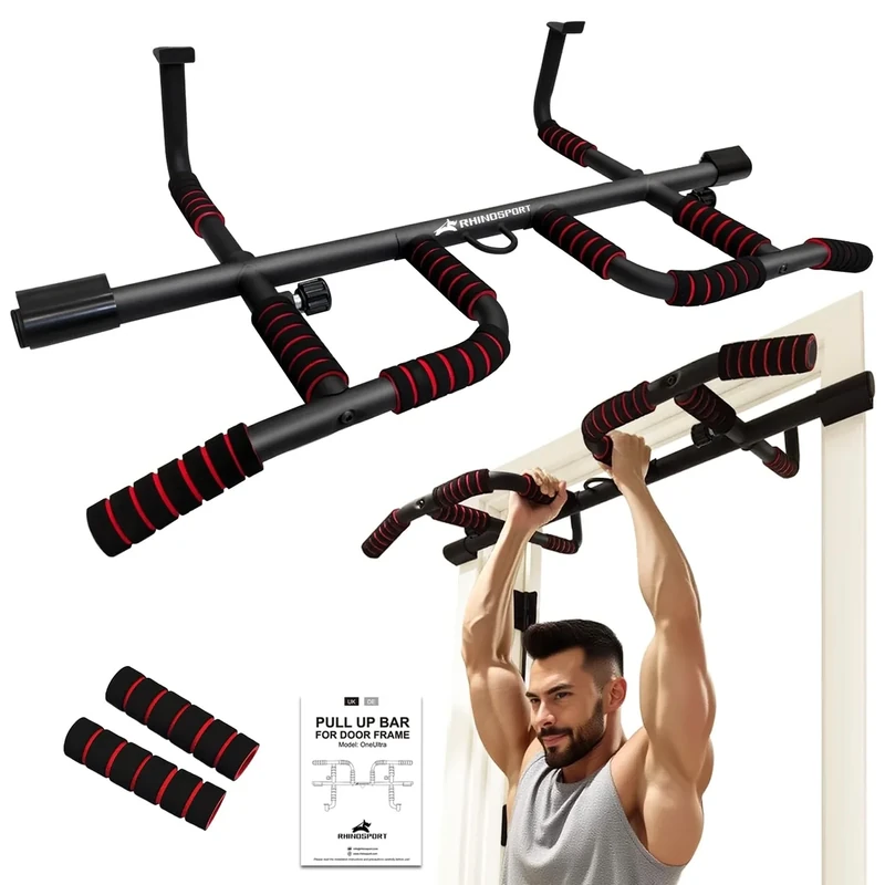 RHINOSPORT Klimmzugstange für Türrahmen – Pull Up Bar Doorway mit Multigriff-Positionen Griffen – Ohne Bohren, Rutschfest bis 200kg (440lbs)– Für Türen 65-92cm (25.5-36.2in)