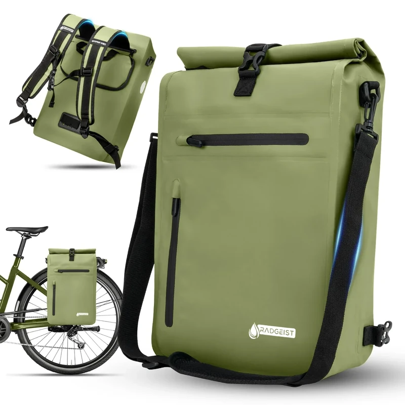 RADGEIST 3in1 Fahrradtasche für Gepäckträger - Gepäckträgertasche wasserdicht, extra robust mit Schnelleinhängung - Fahrrad Tasche Rucksack (20 Liter) - Fahrradrucksack (Olivgrün)
