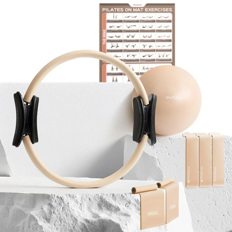PhysKcal Pilates Set, 15-Inch Pilates Ringe mit 1x Pilates Core Ball, 3X Widerstandsschlaufe und 2X Flexband, Mat-Pilates-Grundausstattung für zu Hause – Nudy