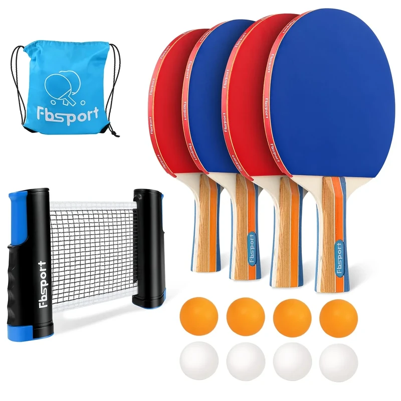 Tischtennisschläger Set Profi, Tischtennis Set mit 4 Schläger, Einziehbarem Netz, 8 Tischtennis Bälle und 1 Tragetasche, Ping Pong Set für Indoor Outdoor Kinder Erwachsene