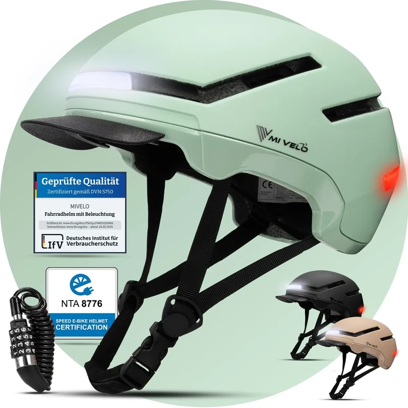 MIVELO Fahrradhelm Damen Herren Erwachsene mit Licht inkl. Helmschloss, NTA Zertifiziert bis 45km/h, Helm geeignet für E-Bike & S-Pedelec, Radhelm Ultraleicht & sicher, Unisex (Mint, M (54-58cm))