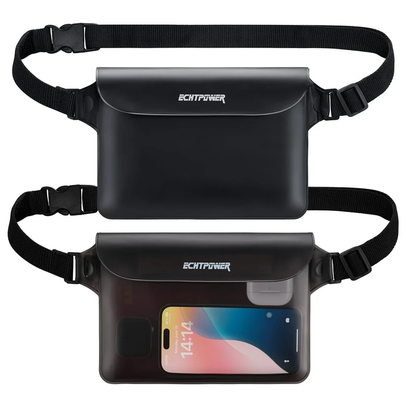ECHTPower wasserdichte Tasche, wasserdicht, mit verstellbarem Gurt, schützt Telefon/Geld/Karte/Schlüssel, ideal für Schwimmen, Rafting, Kajak, Bootfahren, Camping, Wandern, Angeln (Schwarzgrau)