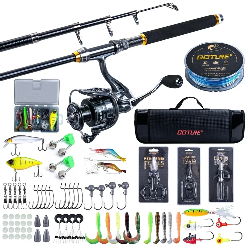 Goture Angelset mit Teleskop-Angelruten (24T Carbon), 2,1m Angelrute Set Komplett 5.2:1 Spinnrolle, 150m/14kg Schnur, Köderbox & Tragetasche – für Salz-/Süßwasser, Reisen–Angelgeschenk
