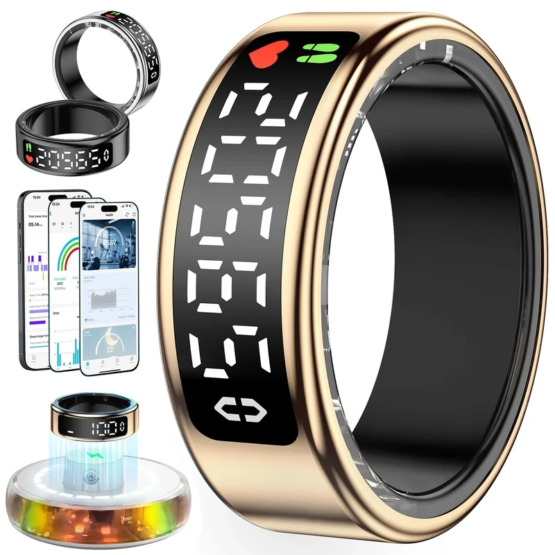 Smart Ring für Damen Herren, Smartringe mit LED Anzeige, Fitness Tracking Ring IP68, Schlaf Health Ring, Gesundheitsring mit Android/iOS,Schrittzähler/Herzfrequenz/SpO2/Aktivitätstracker (Rotgold, 12)