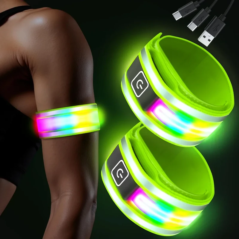 Coorattyes 2025 Led Armband Aufladbar,Reflective Leucht Armbänder mit 5 Farben & 3 Modi,2 Stück Kinder Leuchtbänder,Reflektorband Nacht Sicherheits Licht für Joggen Laufen Running
