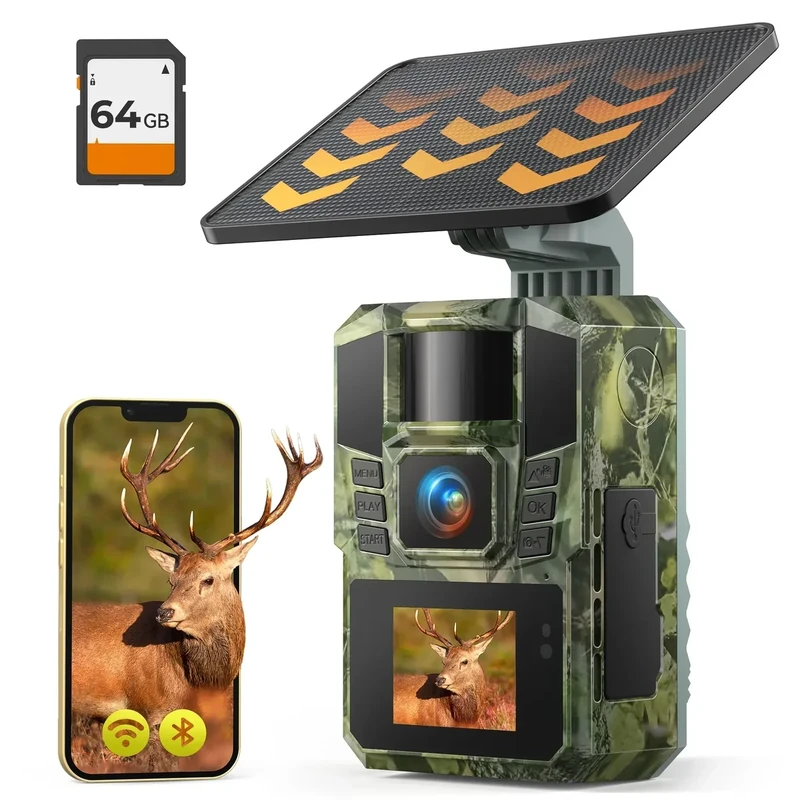 VXK Solar WLAN Wildkamera mit Handyübertragung APP, 4K 48MP Wildtierkamera mit Nachtsicht Bewegungsmelder Eingebaute 5200mAh Lithium-Batterie, 0.1s Auslöser Bewegungsaktiviert, 64GB SD Karte, IP65