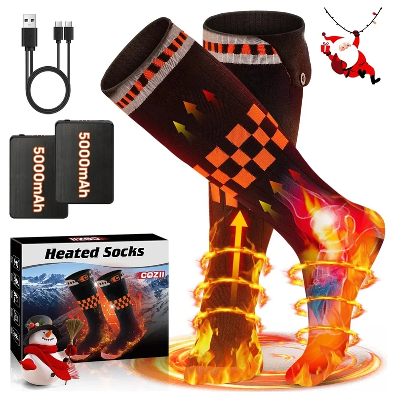 COZII Beheizbare Socken, Beheizte Socken Damen Herren, 5V 5000 mAh Großer Akku Wiederaufladbare Heizsocken, 65℃ Fußwärmer für Winter Camping Jagd Skifahren Reiten (Gitter)