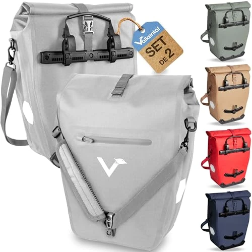 Valkental - 2in1 Fahrradtasche aus recyceltem Kunststoff | 100% wasserdichte Gepäcktasche | Laptop-Fach, Volumen 23-28L | Ideal für Radfahren und Reisen (Reflektierendes Grau, 2er Set)