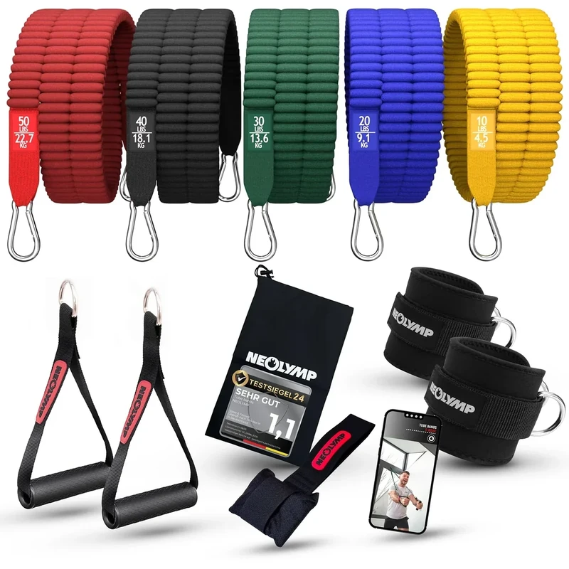 NEOLYMP Premium Resistance Bands Set mit E-Book - Fitnessbänder Expander Set mit 5 Stärken, Türanker, Griffen & Fußschlaufen - Widerstandsbänder Gymnastikband für Ganzkörper-Workout