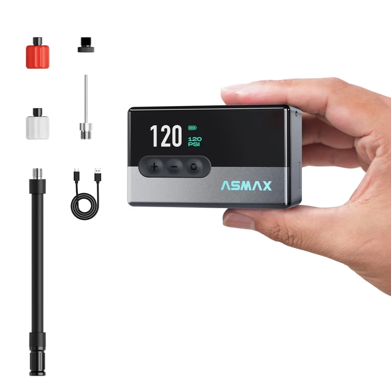 ASMAX Elektrische Mini Fahrradpumpe T30, 120 PSI Tragbarer Luftpumpe mit LCD-Display, Wiederaufladbar 500mAh, 4-in-1 Fahrradpumpe mit LED-Licht & Reifendruckmesser für Farrad/Rennrad/MTB/Bälle