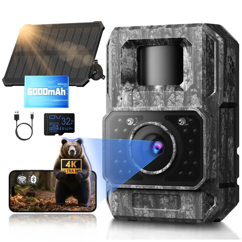 MAXDONE Wildkamera Solar WLAN mit Handyübertragung App - 4K 64MP Wildtierkamera Bluetooth mit Bewegungsmelder Nachtsicht 6000mAh Lithium-Batterie, 32GB SD-Karte, Nachtsichtkamera IP66 - Image 1