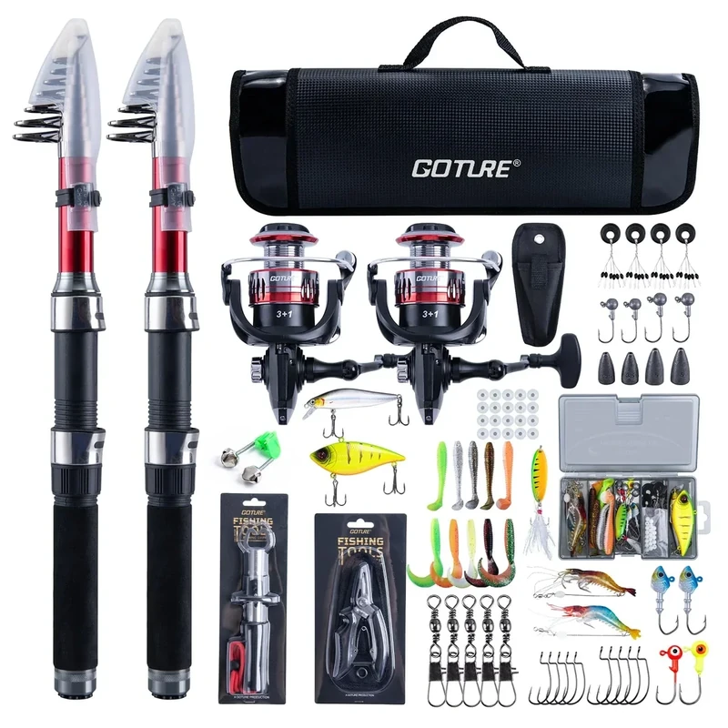 Goture Angelset mit 2 Teleskop-Angelruten, 2,7m Angelrute Set Komplett 2 5.2:1 Spinnrolle, Angelzange, Köderbox & Tragetasche – für Salz-/Süßwasser, Reisen–Angelgeschenk