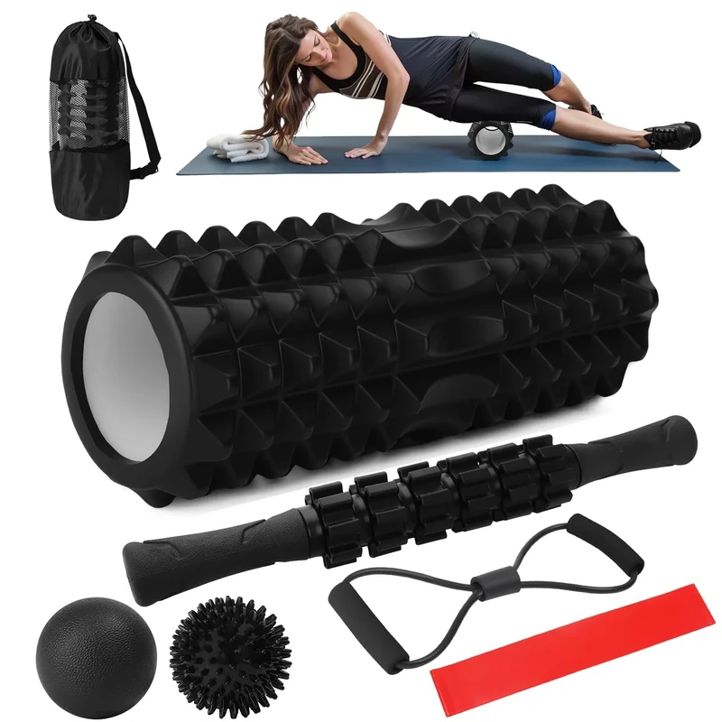 ZUSUZU Massage Set,Faszienrolle Set,7-in-1 Foam Roller Faszien Set,Faszienrolle Wirbelsäule,Massageroller,Massageball,Spanner,Widerstandsband für Tiefenmuskelmassage Yoga Pilates Sport