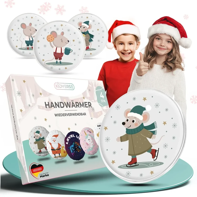 KIDVERSE Handwärmer Kinder 4er Set - Taschenwärmer wiederverwendbar - Wohltuende Handwärmer zum Knicken - Wärmepads Hände mit süßen Motiven - Taschenwärmer Kinder - Ideal für Winter & Schule