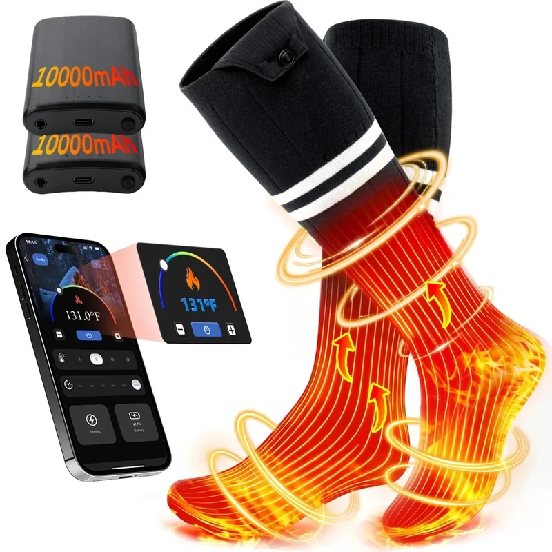 ALLJOY Beheizbare Socken, 2x10000mAh Wiederaufladbare Heizsocken mit 4 Heizstufen und 5 Zeiteinstellungen, Geschenke für Frauen Männer, Beheizte Socken für Wintercamping, Skifahren, Wandern