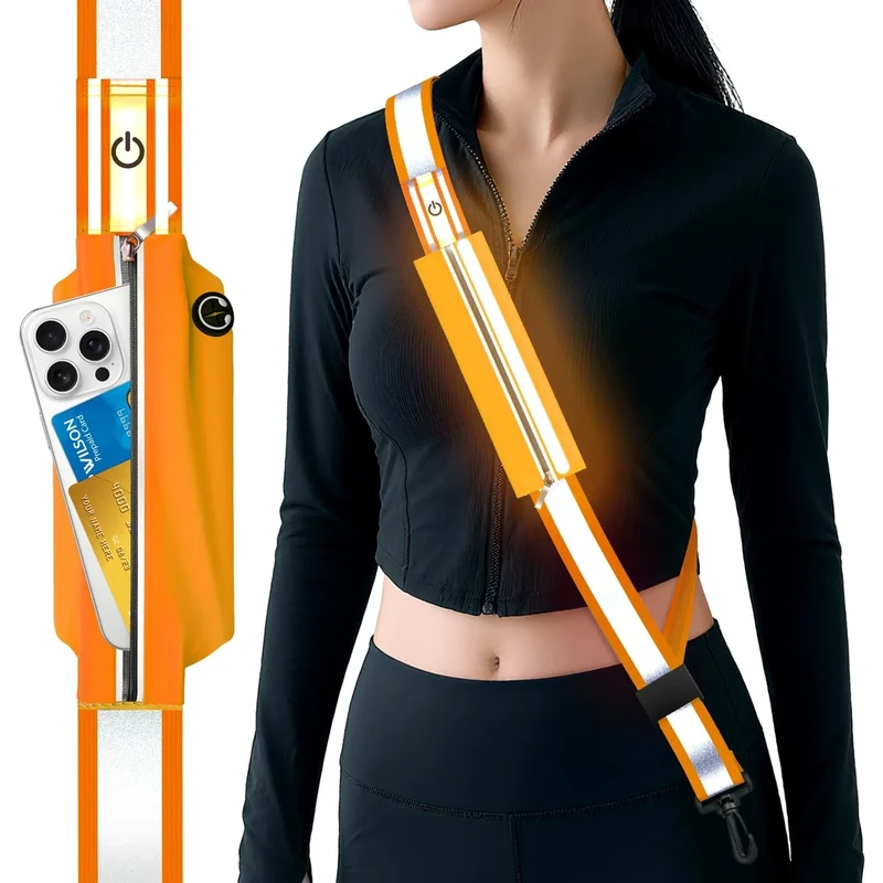 Samlior LED Reflektierende Gürtelschärpe, Reflektoren Gürtel mit wasserdichte Handytasche, Wiederaufladbare LED Licht Laufgürtel Sicherheitsausrüstung für Spazierengehen Laufen Radfahren (ORANGE)