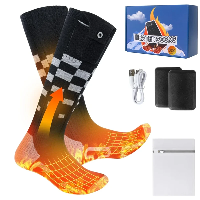 Olycism Beheizbare Socken 5000mAh Akku Wiederaufladbare elektrische Beheizte Socken für Damen und Herren 4 Temperatureinstellungen Outdoor-Reiten Camping Wandern Skifahren Warme Größe L