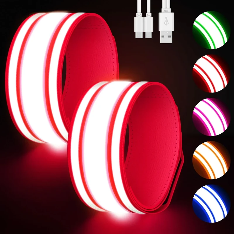 Samlior LED Armband Aufladbar 2 Stück, Reflective LED Leuchtarmband, 5 Farben 3 Lichtmodi Leuchtbänder USB Reflektorband, Running Reflektoren Armbänder für Running Joggen Radfahren(Rot, M)