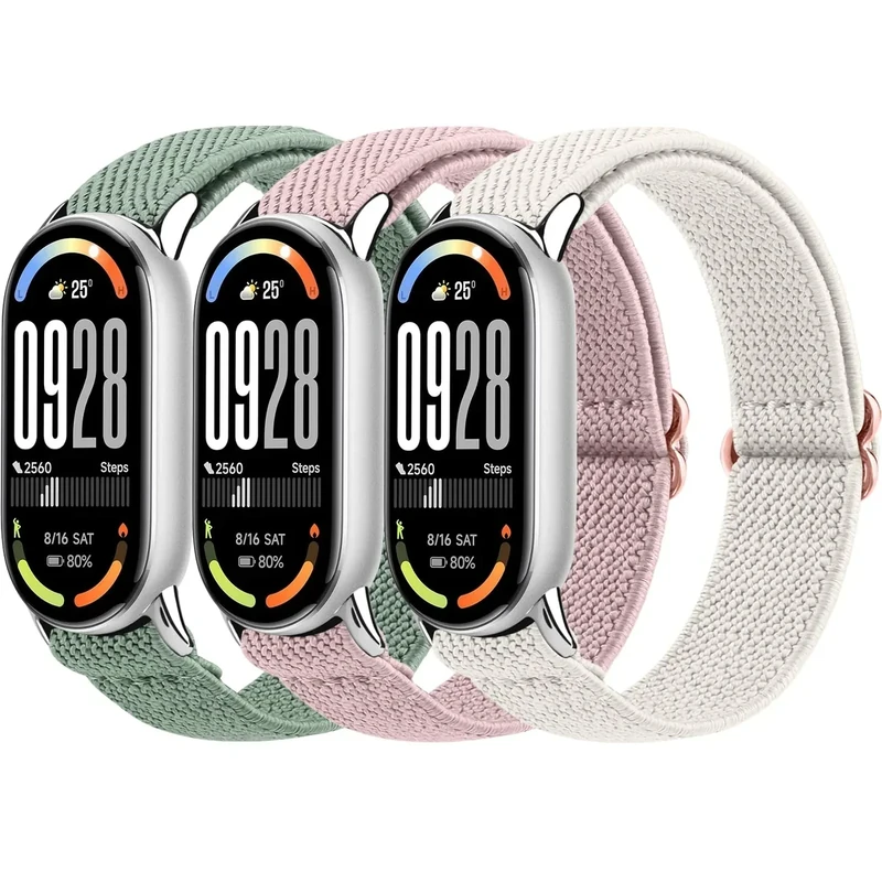 Oumida 3 Stück Elastisch Armband für Xiaomi Smart Band 8/9 / 10 Armbänder Damen Herren, Robuster Metallkopf, Verbessertes Nylon Uhrenarmband, Sport Ersatzarmband für Xiaomi Mi Band 10/9/ 8
