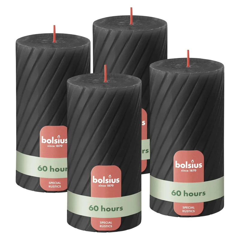Bolsius Rustikale Stumpenkerzen – Geriffelt – Anthrazit – 4er Set – 13 cm – Dekorative Haushaltskerzen – Mit natürlichem Pflanzenwachs – Ohne Palmöl