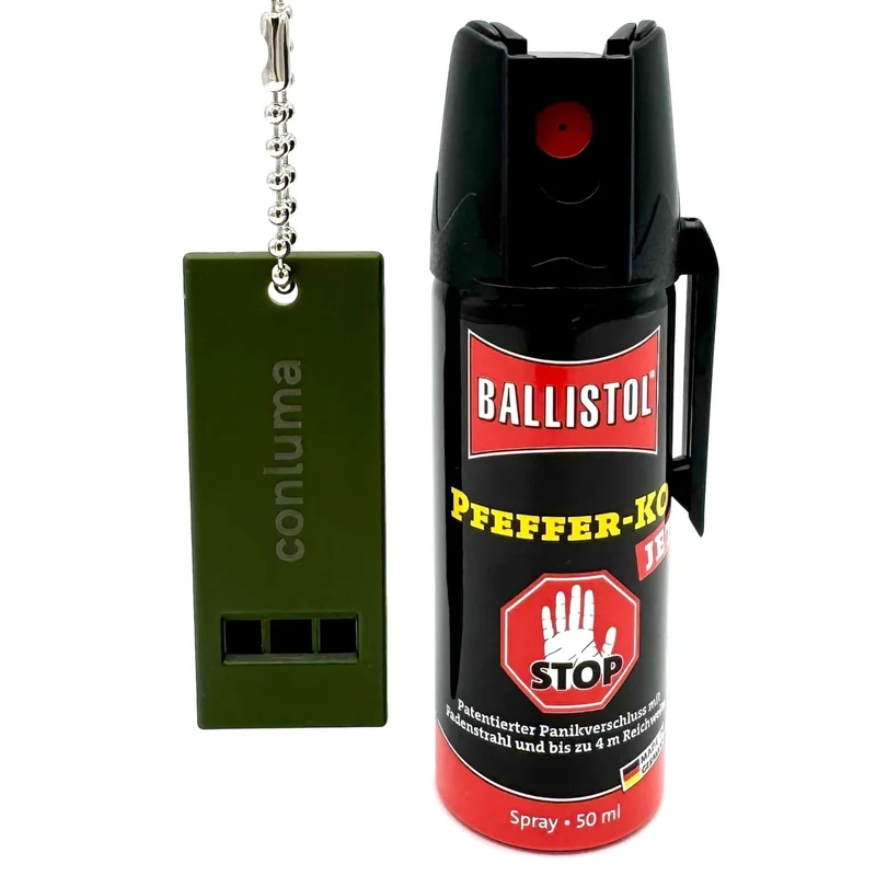 Pfefferspray mit Panikverschluss 50ml – KO-Spray & Tierabwehrspray zur Selbstverteidigung mit 4m Reichweite – Sicherheits-Set inklusive lauter Signalpfeife (2)