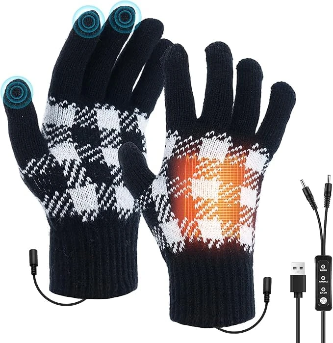 Gkstly USB Beheizte Handschuhe für Damen Herren, Winterhandschuhe Elektrische Beheizbare Handschuhe Touchscreen Warme Strickhandschuhe mit 3 Einstellbarer Temperatur für Innenbereich Außenbereich