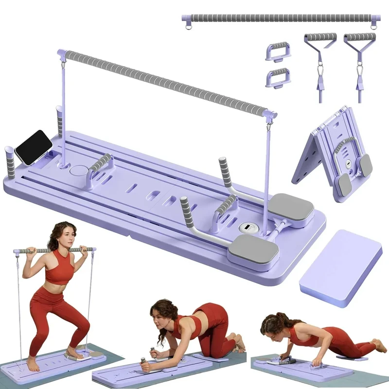 ExeractFit Pilates Board Set mit PilatesBar und Widerstandsband für Zuhause Fitnessstudio, Faltbarer Pilate Reformer Maschine Mehrzweck Bauchtrainer Full Body Workout Equipment(Lila)