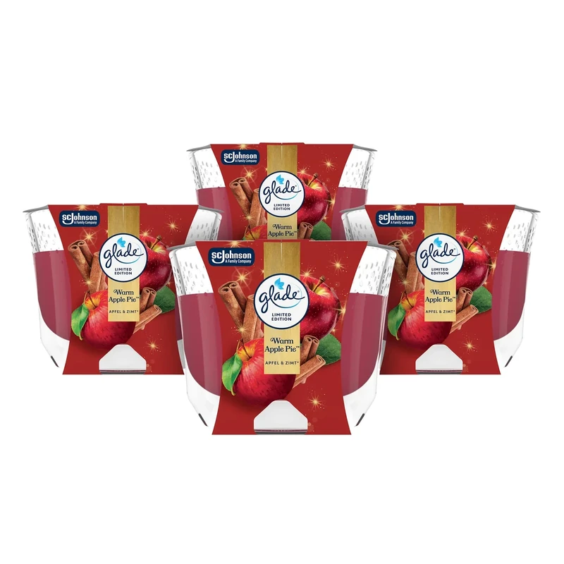Glade Langanhaltende Duftkerze im Glas, Warm Apple Pie, bis zu 30 Stunden Brenndauer, 4er Pack (4 x 204 g)