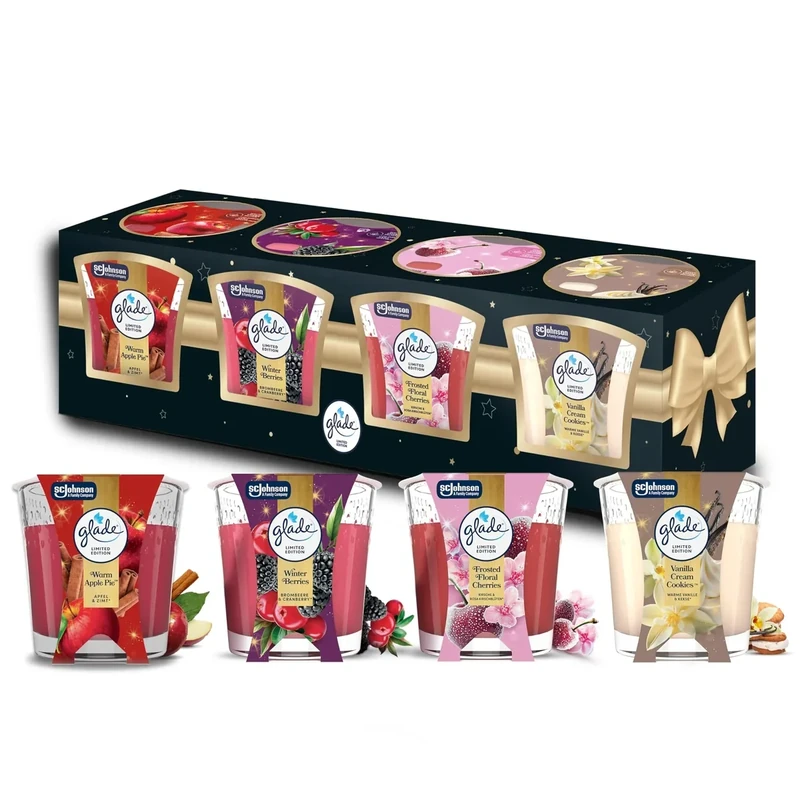 Glade Winterduftkerzen Geschenkset, 4er Set mit Winterdüften: Apple Pie, Winter Berries, Vanilla Cream Cookies & Frosted Floral Cherry