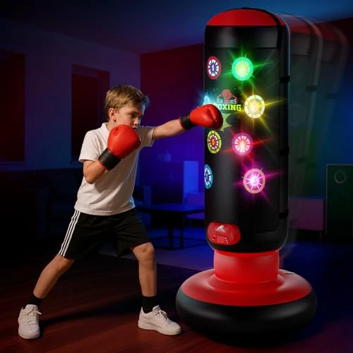 Boxsack Kinder, Boxsack Stehend mit Musik & Licht, Interaktiv Punching Bag, Aufblasbarer Standboxsack mit Boxhandschuh Geschenke für 6 7 8 9 10 11 12 Jahren Kinder Jungen（Medium） - Image 1